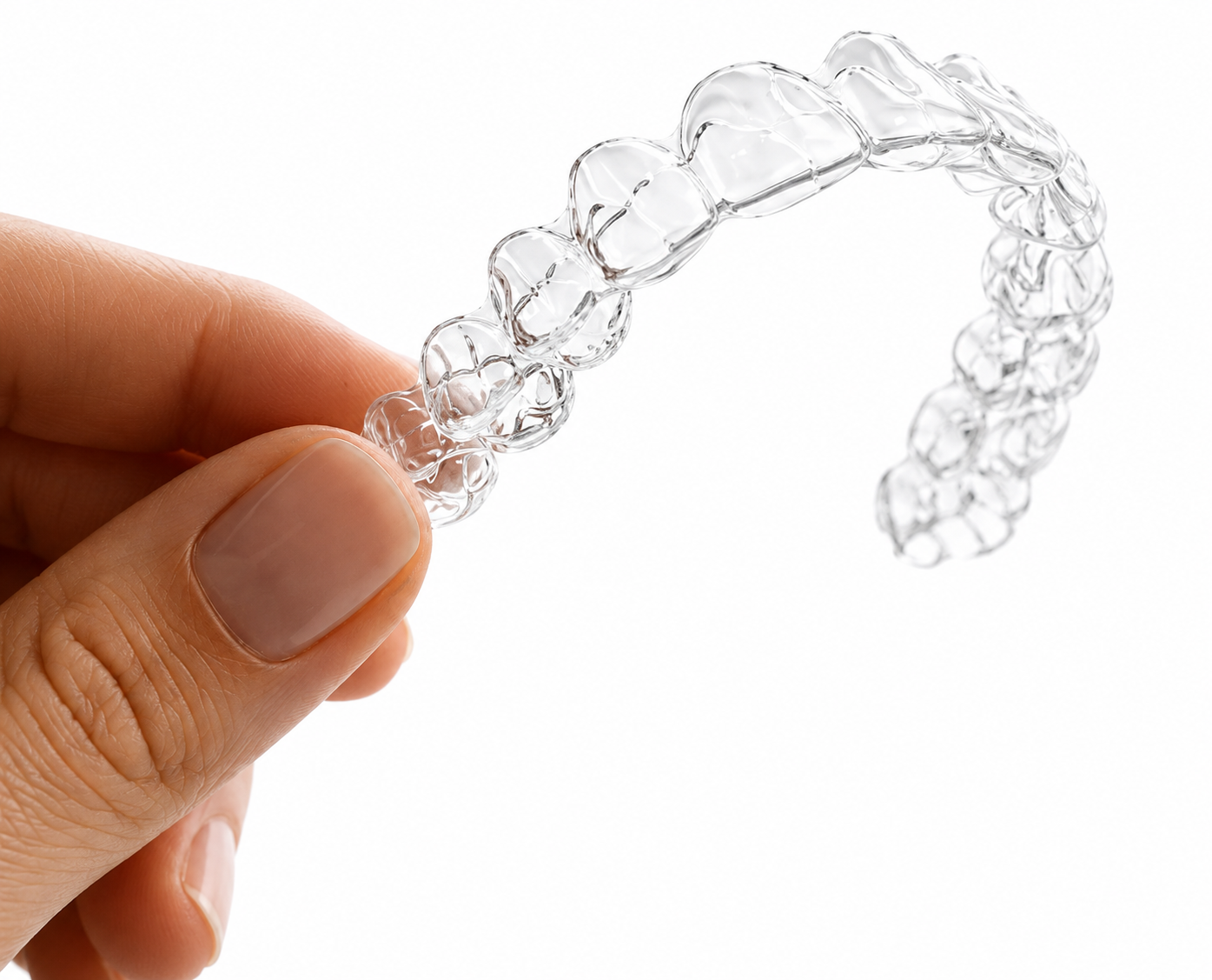 Mão segurando alinhador Invisalign transparente